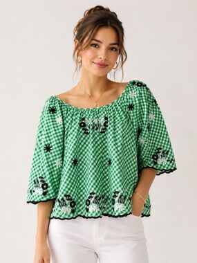 INNIKA CHOO Green Cotton Gingham Embroidered Bell Sleeve Top Sz. OSFM NWOT